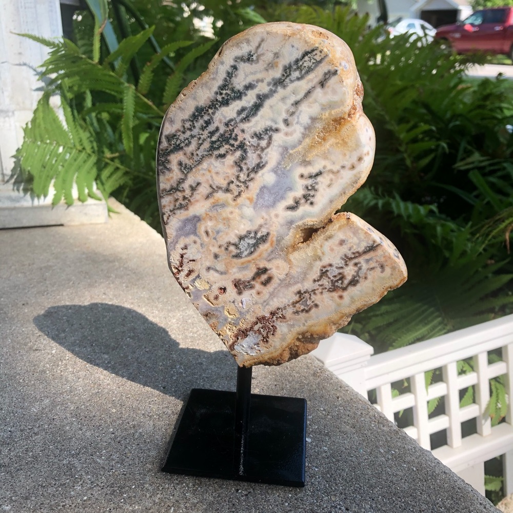 Tree agate crystal on stand